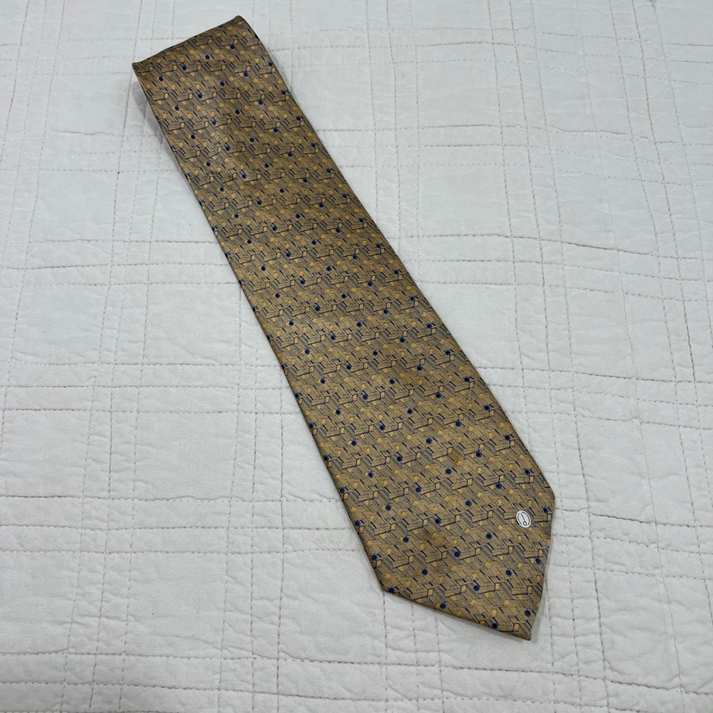 Vintage Alfred Dunhill Mens Gold Navy Geometric Basketweave Dot Polyester Tie
